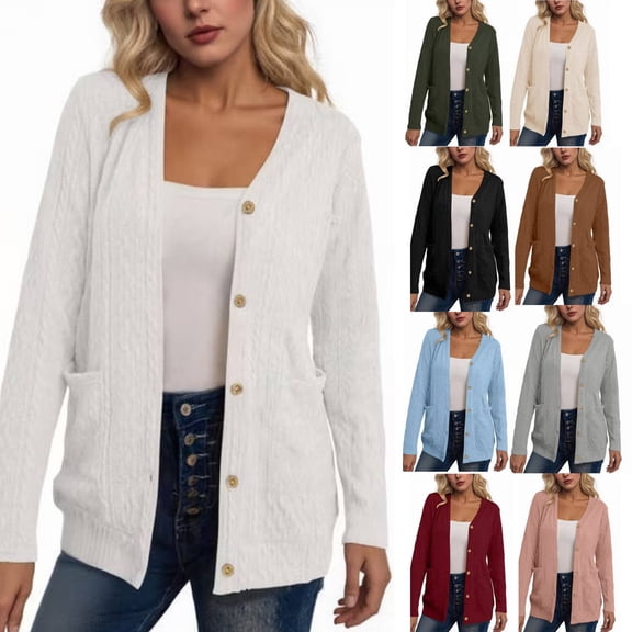HAiming Womens Knit Cardigan Long Sleeve Button down V Neck Solid Color Lightweight Sweaters with Pockets