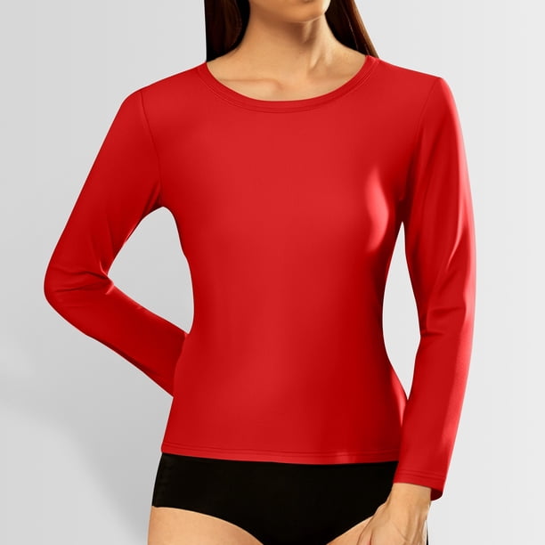 MHFRRA Camiseta Informal de Manga Larga Acanalada con Cuello Redondo y Corte Entallado para Mujer Rojo