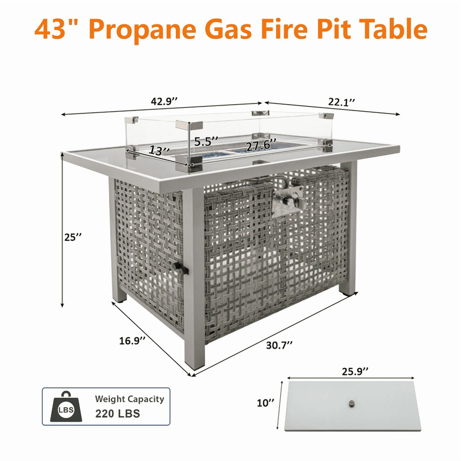 SDJPOI 43" Propane Gas Fire Pit Table, 60,000 BTU Rectangular Outdoor Fire Pit with Glass Wind Guard - Open Weave Wicker Design for Patio, Deck, Garden & Backyard