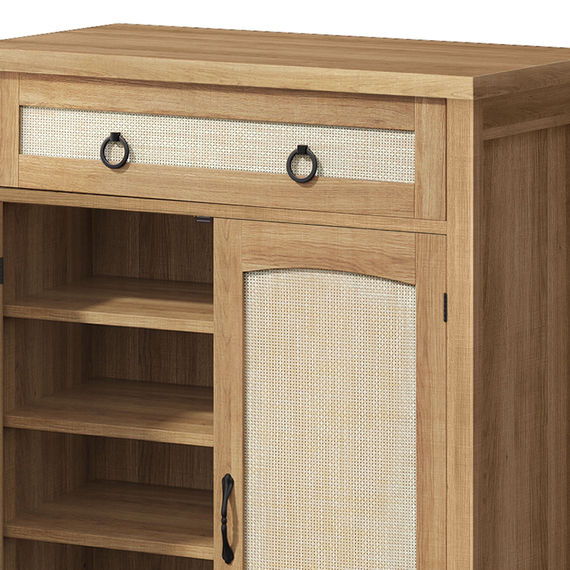Uforic Shoe Cabinet with Drawers& Door, Rattan Freestanding Shoe Rack Organizer for Entryway, Oak