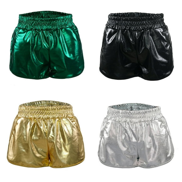 Women Metallic Shorts Elastic Waist Shiny PU Hot Dance Booty Pants Booty Trousers with Pockets Loose Short Costume for Party Club Ball Gold S