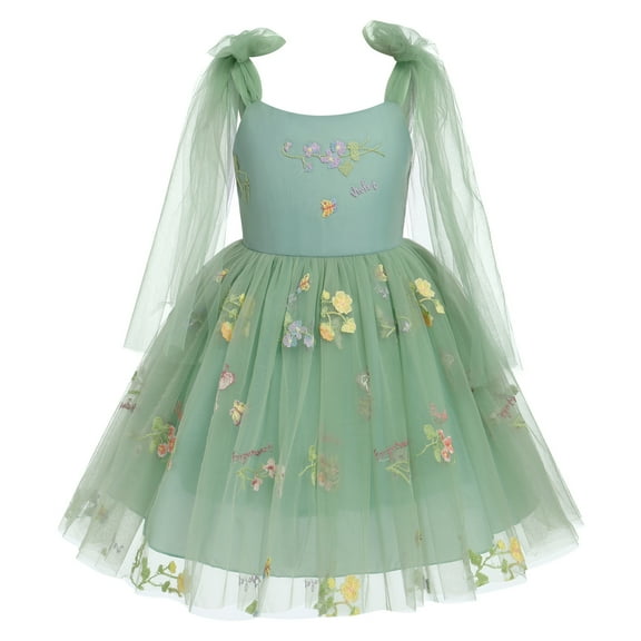 IBTOM CASTLE Flower Girl Floral Lace Tulle Dress Princess Backless Wedding Junior Bridesmaid Pageant Communion Dance Maxi Gown 3-4 Years Green