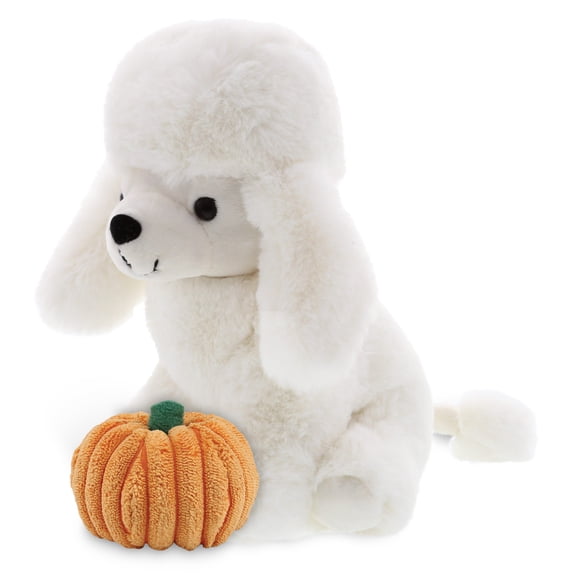 DolliBu Super Soft Plush White Poodle Dog Stuffed Animal with Pumpkin Decor - Pumpkin Plush Animal for Fall, Halloween and Thanksgiving, Pumpkin Toy for Baby, Kids, Adults - 8.5 Inches