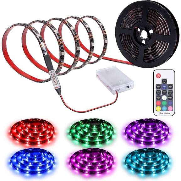 Led Strip Lights Battery Powered RGB Led Strip Rope Lights Waterproof Led Lights with Remote Control Flexible Led Strip Lighting 2M 6.56ft