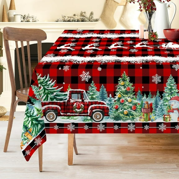 Christmas Tablecloth 60x120 Inches - Red Truck Christmas Party Decorations for Home - Christmas Table Cloth for Rectangle Table Xmas Holiday Buffalo Plaid Christmas Decor for Kitchen, Table