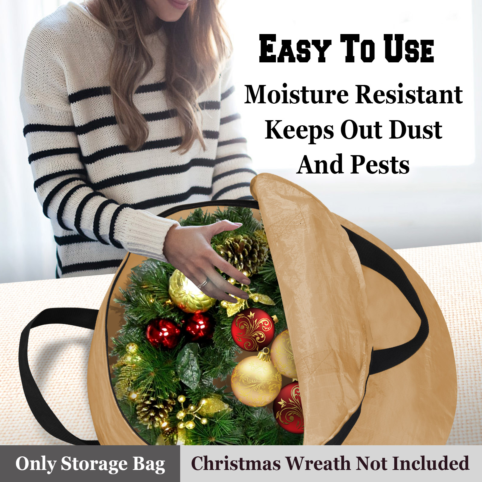 Sunrise Heavy Duty Christmas Wreath Storage Bag Xmas Holiday Wreath Storage Container for 24-Inch Wreaths (Tan)