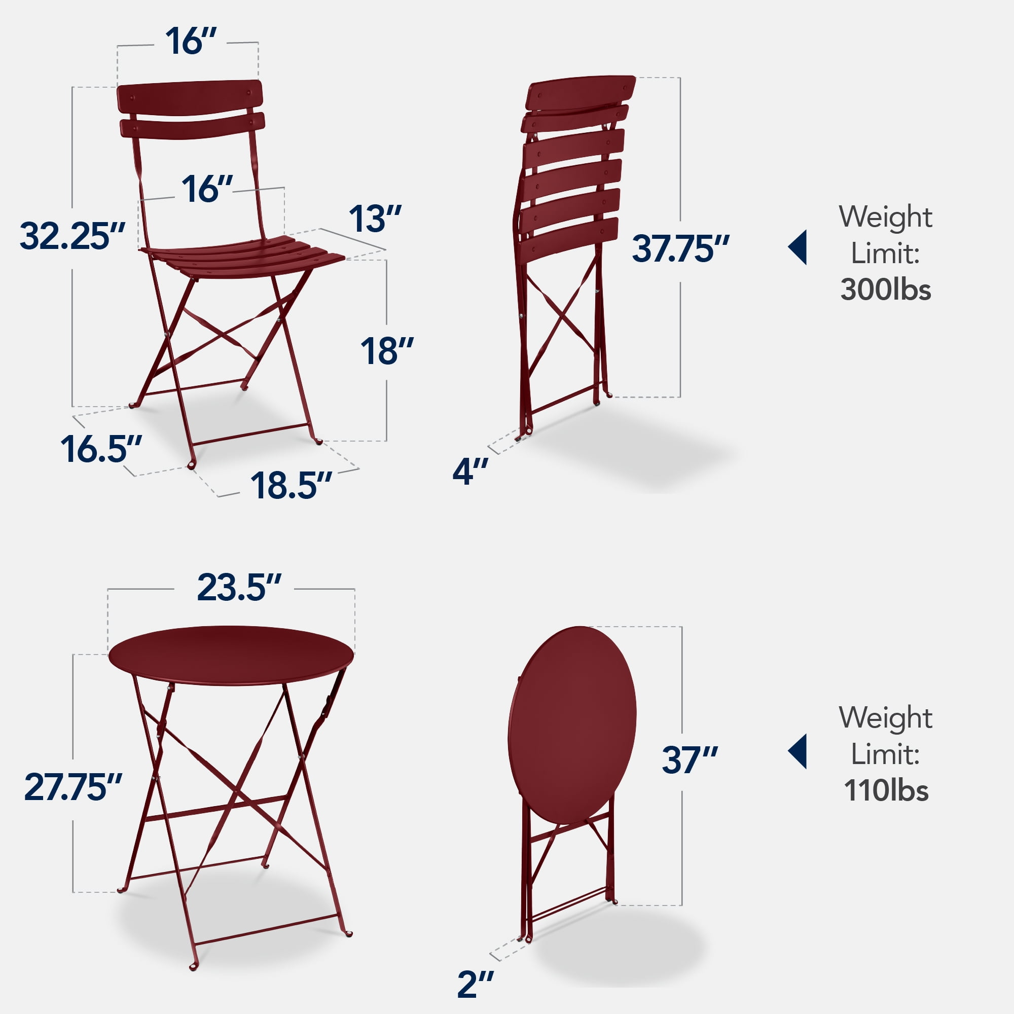 Best Choice Products 3-Piece Small Bistro Set, Folding Patio Furniture Set of 2 Chairs and Table - Burgundy