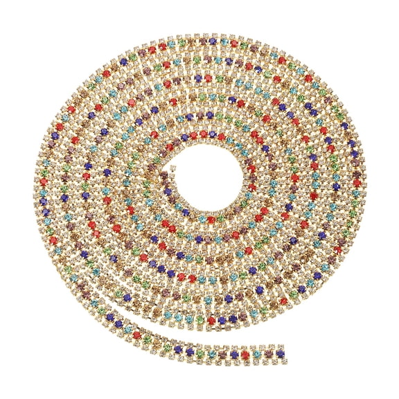 Uxcell 2 Yards 3 Rows Crystal Rhinestone Close Chain Trim, Claw Cup Chain with Gold Base for DIY Craft, White/Multicolor/White