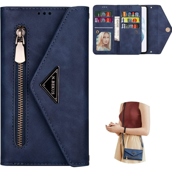 Wallet Case for Samsung Galaxy S22, Crossbody Neck Strap Lanyard Purse Handbag Shoulder Strap Cover with ID Card Holder Phone Case for Samsung Galaxy S22 XK Blue