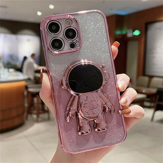 Gradual Glittering Pink Phone Case With Cartoon Astronaut Holder For,iPhone14/14Plus/14Pro/14ProMax ,iPhone13/13Mini/13Pro/13ProMax ,iPhone12/12Mini/12Pro/12ProMax, ,iPhone11/11Pro/11Pro Max ,iPhoneX