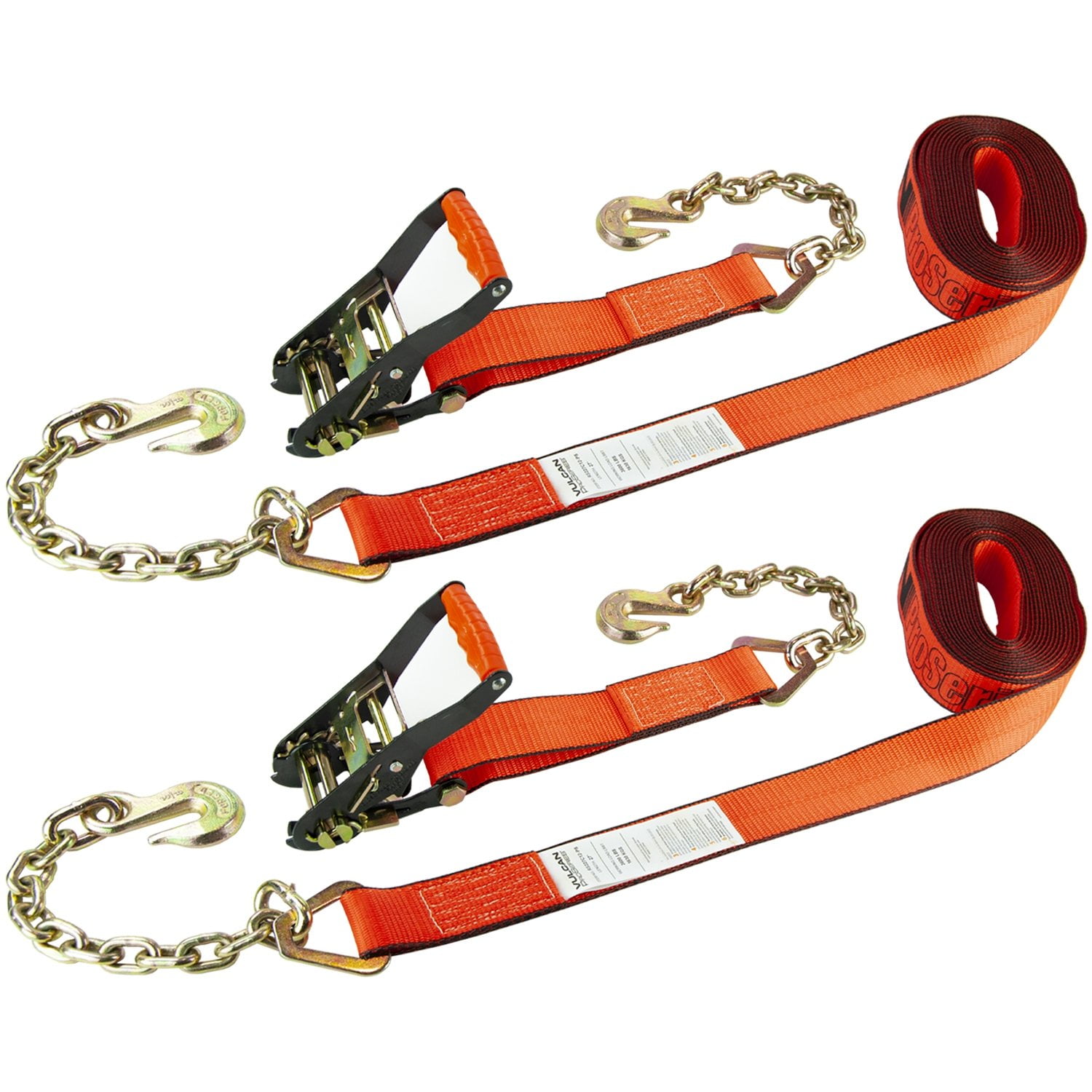 VULCAN Ratchet Strap with Chain Anchors 2 Inch x 27 Foot, 2 Pack