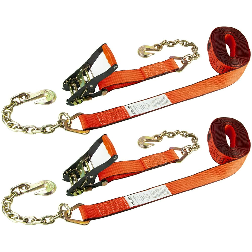 VULCAN Ratchet Strap with Chain Anchors 2 Inch x 27 Foot, 2 Pack PROSeries 3,300 Pound