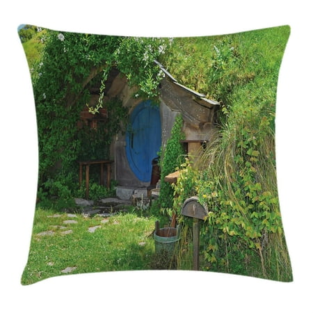 Hobbit House - Hobbits Throw Pillow Cushion Cover, Fantasy Hobbit Land House in Magical Overhill Woods Movie Scene New Zealand, Decorative Square Accent Pillow Case, 18 X 18 Inches, Green Brown Blue, by Ambesonne