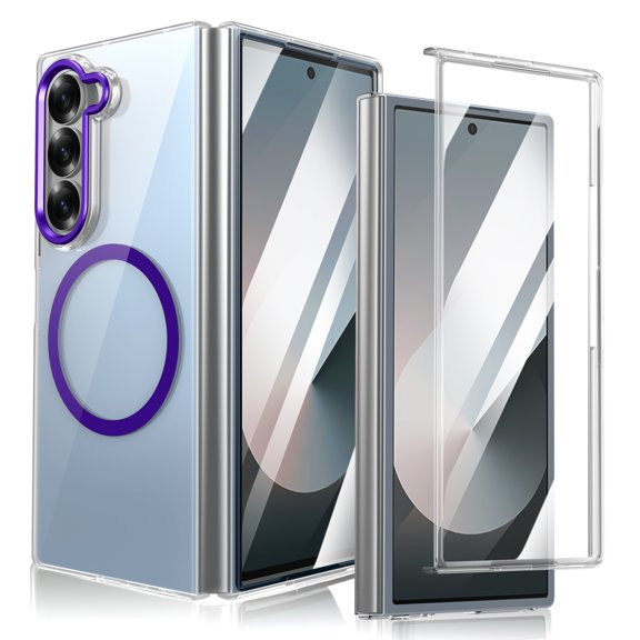 for Samsung Galaxy Z Fold 5 Phone Case [Wireless Charging] [Built-in HD Screen Protector] Transparent Hard Shockproof Anti-fall Drop-Proof Magnetic Magnet Phone Cover Case,Purple