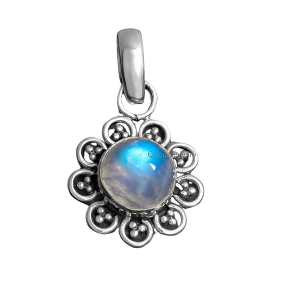 Pure 925 Sterling Silver Pendant For Women Men, Genuine Round Rainbow Moonstone Gemstone Unique Handcrafted June Birthstone Jewelry