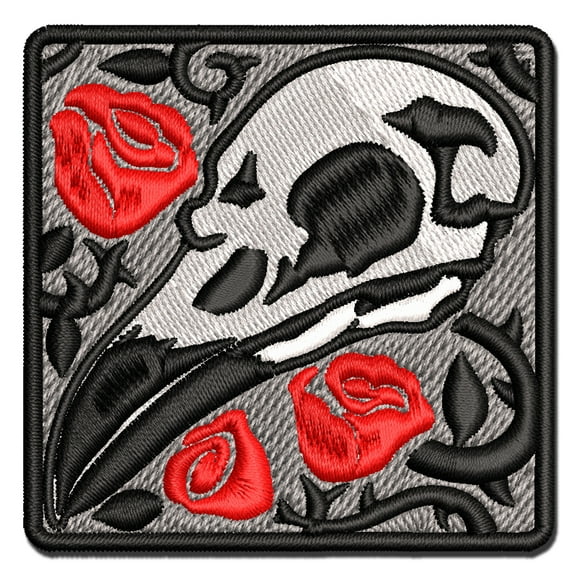 Crow Raven Bird Skull with Roses Applique Multi-Color Embroidered Iron-On Patch - 2.5 Inch Small