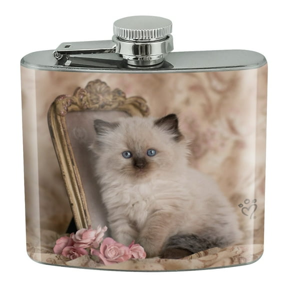 Ragdoll Tiffany Cat Kitten Victorian Roses Stainless Steel 5oz Hip Drink Kidney Flask