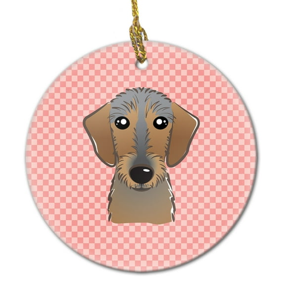 Carolines Treasures BB1233CO1 Checkerboard Pink Wirehaired Dachshund Ceramic Ornament  3 in multicolor