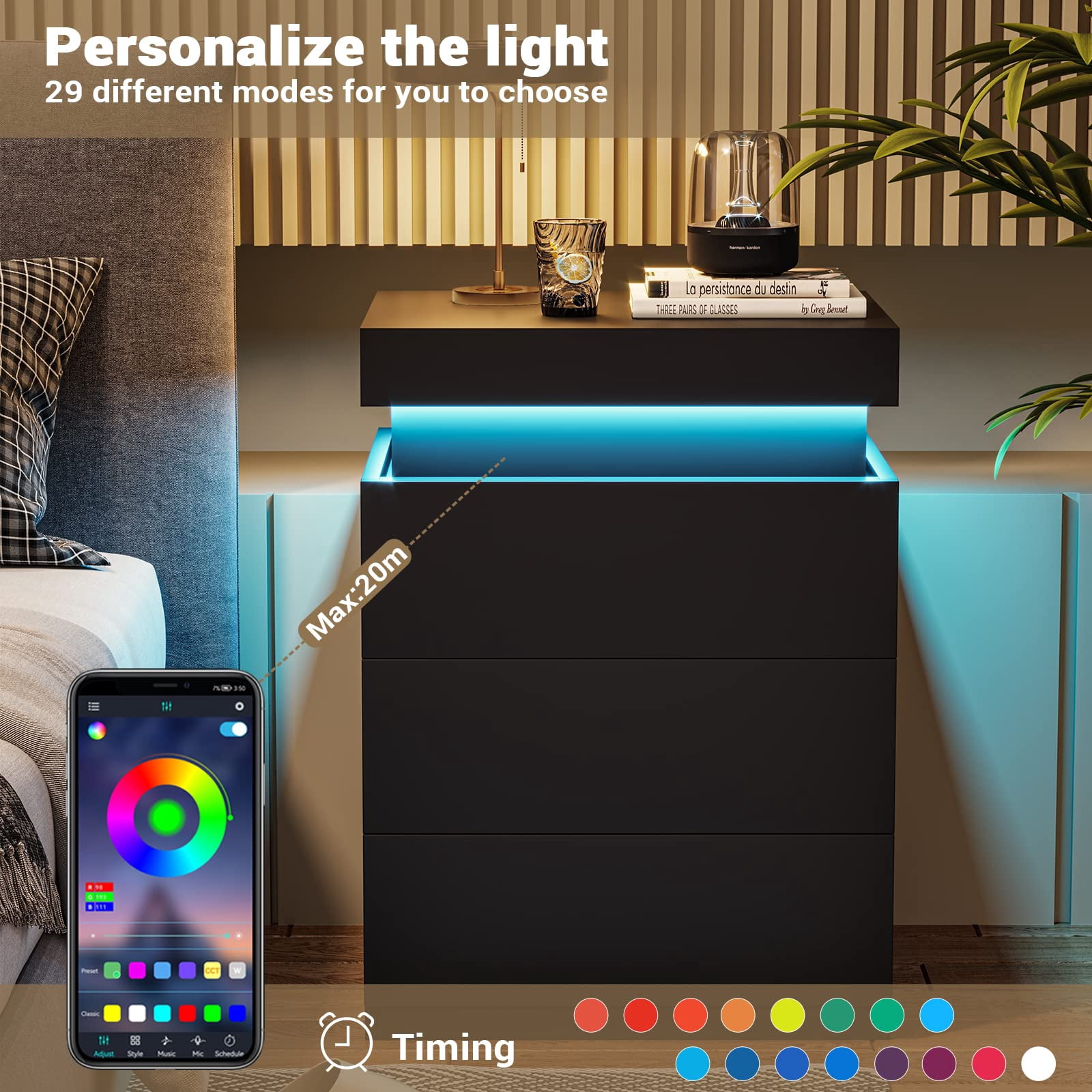 Afuhokles Nightstand with Charging Station and LED Lights,Night Stand with Sliding Top,Bedside Table with Drawers,Modern End Side Table for Bedroom,Black