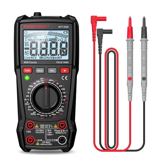 HABOTEST HT135D Digital Multimeter with Manual Range, 4000 Counts, AC/DC Voltage/Current, Resistance, Capacitance, Frequency, NCV, Diode, Continuity, True RMS, Auto Power Off, Black, No Battery