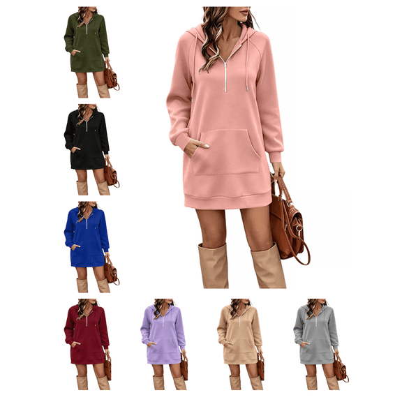 Busydd Zip Up Hooded Sweatshirt Dress for Women Trendy Solid Color Drawstring Fall Dresses Casual Kangaroo Pocket Hem Long Sleeve Dress S