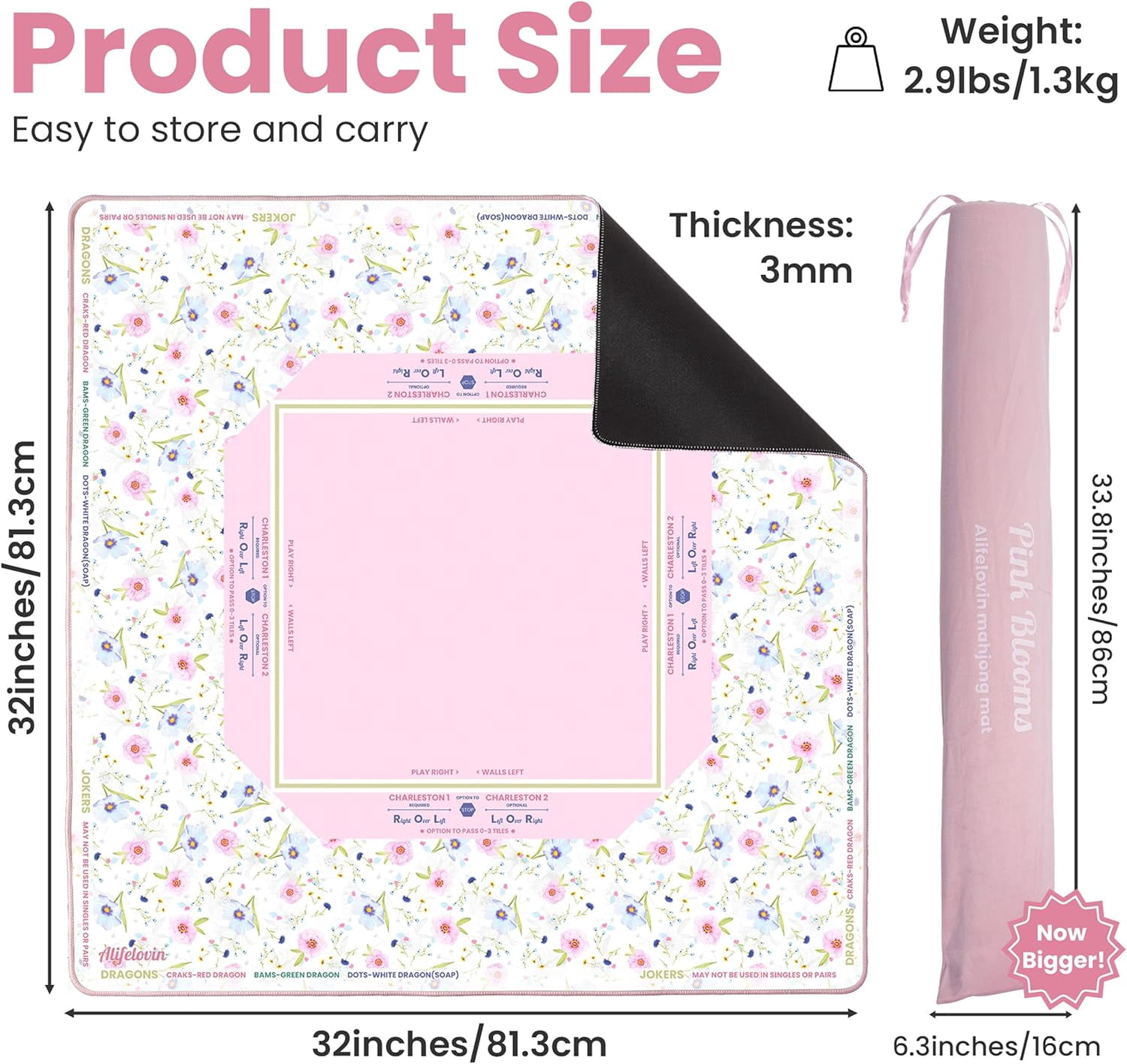 Mahjong Mat - American Mah jongg Mat for Table 32x32 Inch Non-Slip Noise Reduction Mahjong Mat with Rules, Portable Gaming Mat for Poker, Tiles & Dominoes (Pink Blooms)