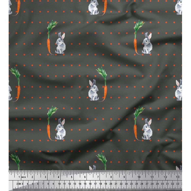 Soimoi Japan Crepe Satin Fabric Carrot & Rabbit Dots Print Fabric by Yard 42 Inch Wide