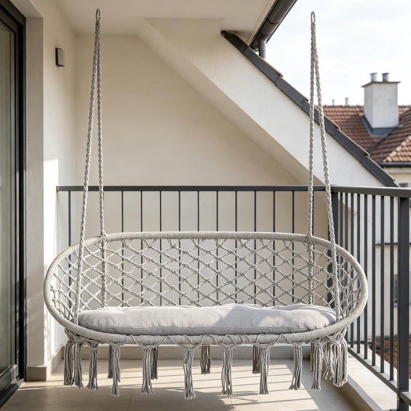 2-Person Macrame Hammock Chair Swing with Soft Cushion – Heavy Duty 396 lbs Capacity, Cotton Rope Hanging Chair Chair for Patio, Garden, Bedroom & Balcony