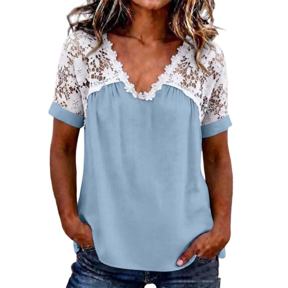 Oversized Tshirts for Women V Neck Loose Short Sleeve Lace Casual Blouse Summer Clothes for Women