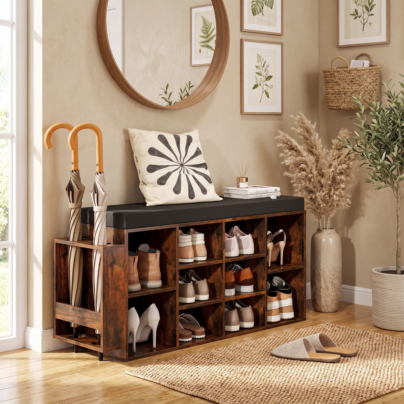Furnibear Shoe Storage Bench with Umbrella Stand and 10 Cubby Entryway Shoe Rack Organizer with Padded Seat for Hallway Closet, Rustic Brown
