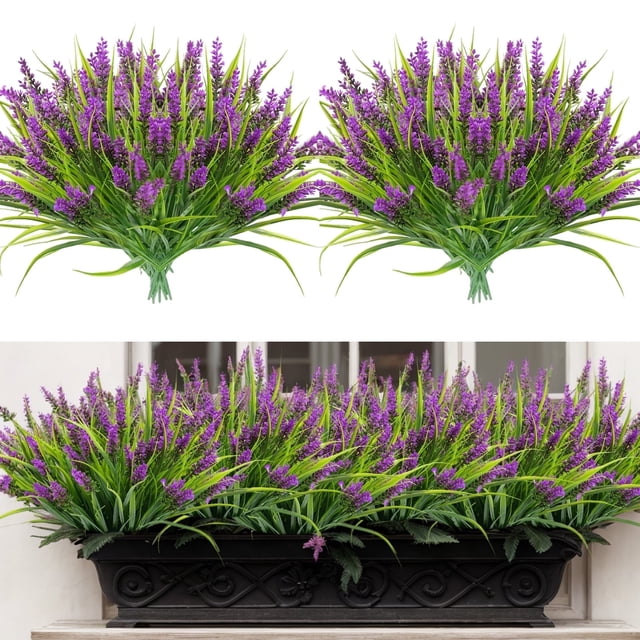 Homwamee 24 Paquetes de Lavanda Artificial, Plantas, Plantas Falsas de Exterior Césped de Primavera con Flores para Maceta Resistente a los Rayos UV Decoración de Jardín para Jardín Patio Macetero Co