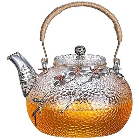 Alease Japanese Style hammered glass exquisite 900ml tea pot, with tin and copper plum blossom decoration