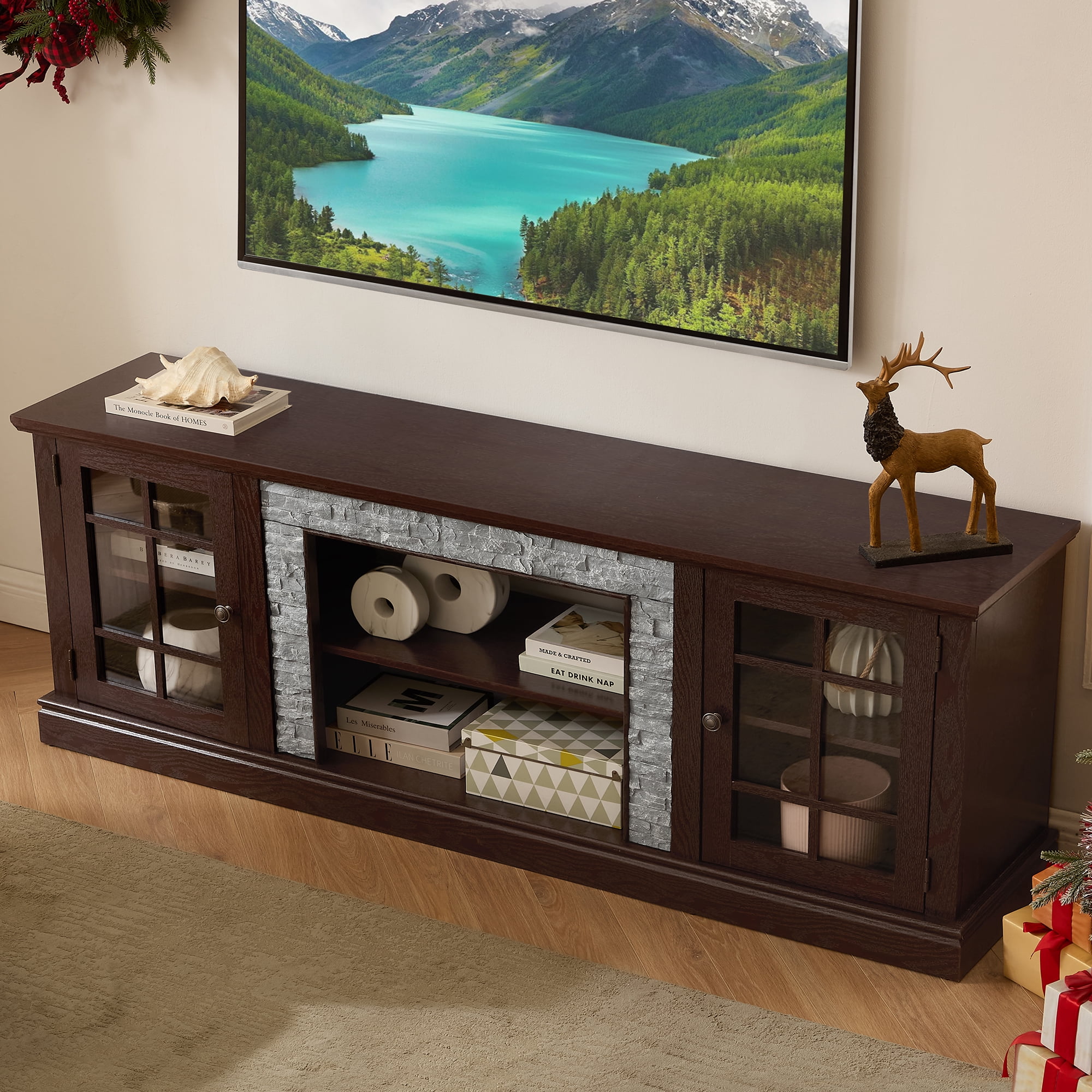 HIUU Farmhouse TV Stand with Storage,Faux Stone Entertainment Center for 65 Inch TVs,Modern TV Consoles for Living Room,Entertainment Stand(Cherry)