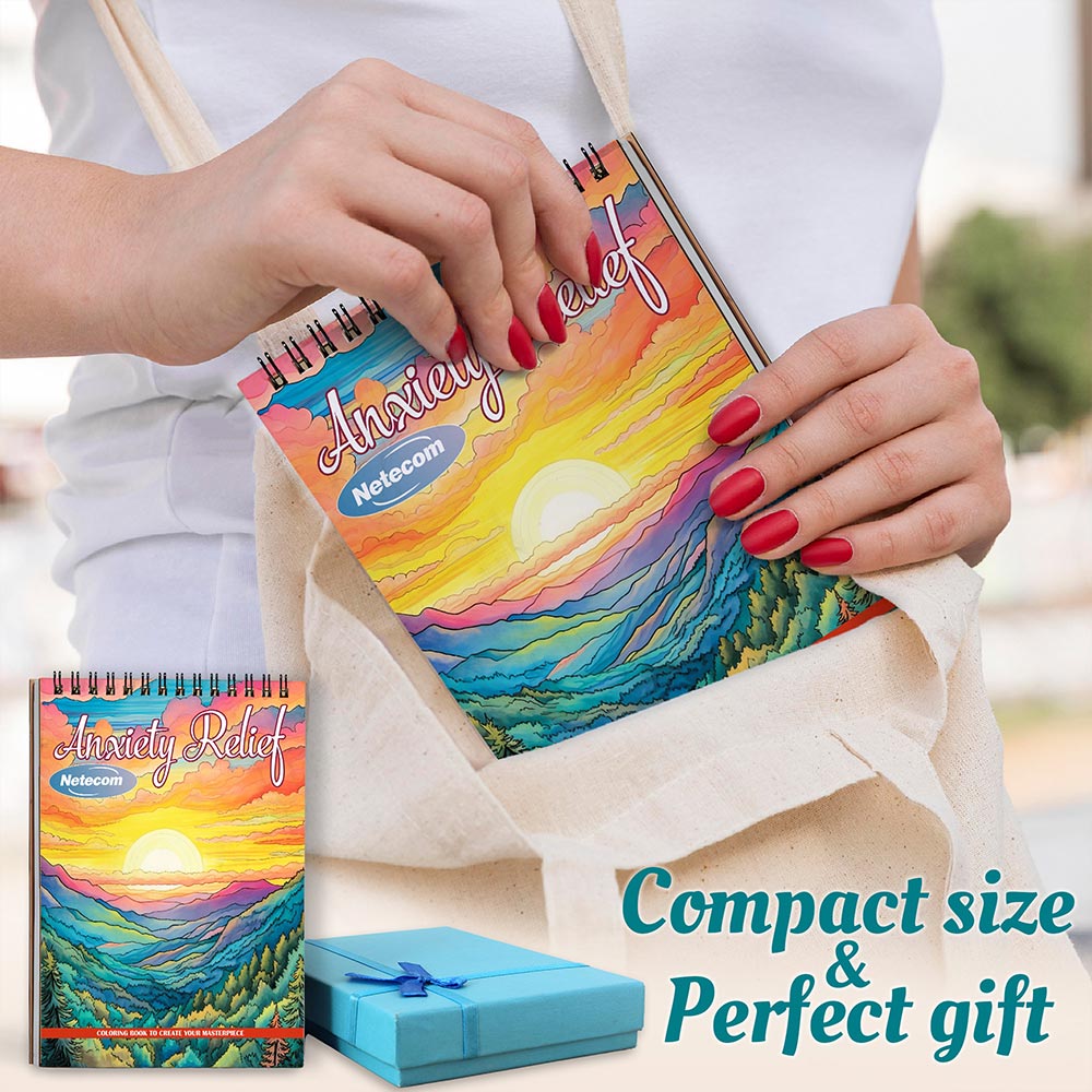 Anxiety Relief Coloring Book Spiral Bound For Adults, A5 Wooden Cover, 30 Tranquil Coloring Pages in Serene Mountain and River Scenes for Stress Relief and Relaxation