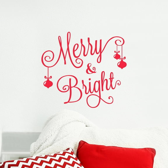 Merry & Bright (all cursive w/ 3 ornaments) Vinyl Lettering Decal Christmas Decor Holiday Decals Size: 12.5"H x 14"L - Color: Red