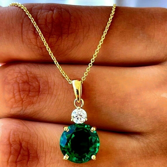 Delicate 2Ct Round Cut Lab Created Green Emerald Diamond Women's Pendant 14K Yellow Gold Finish Free Chain
