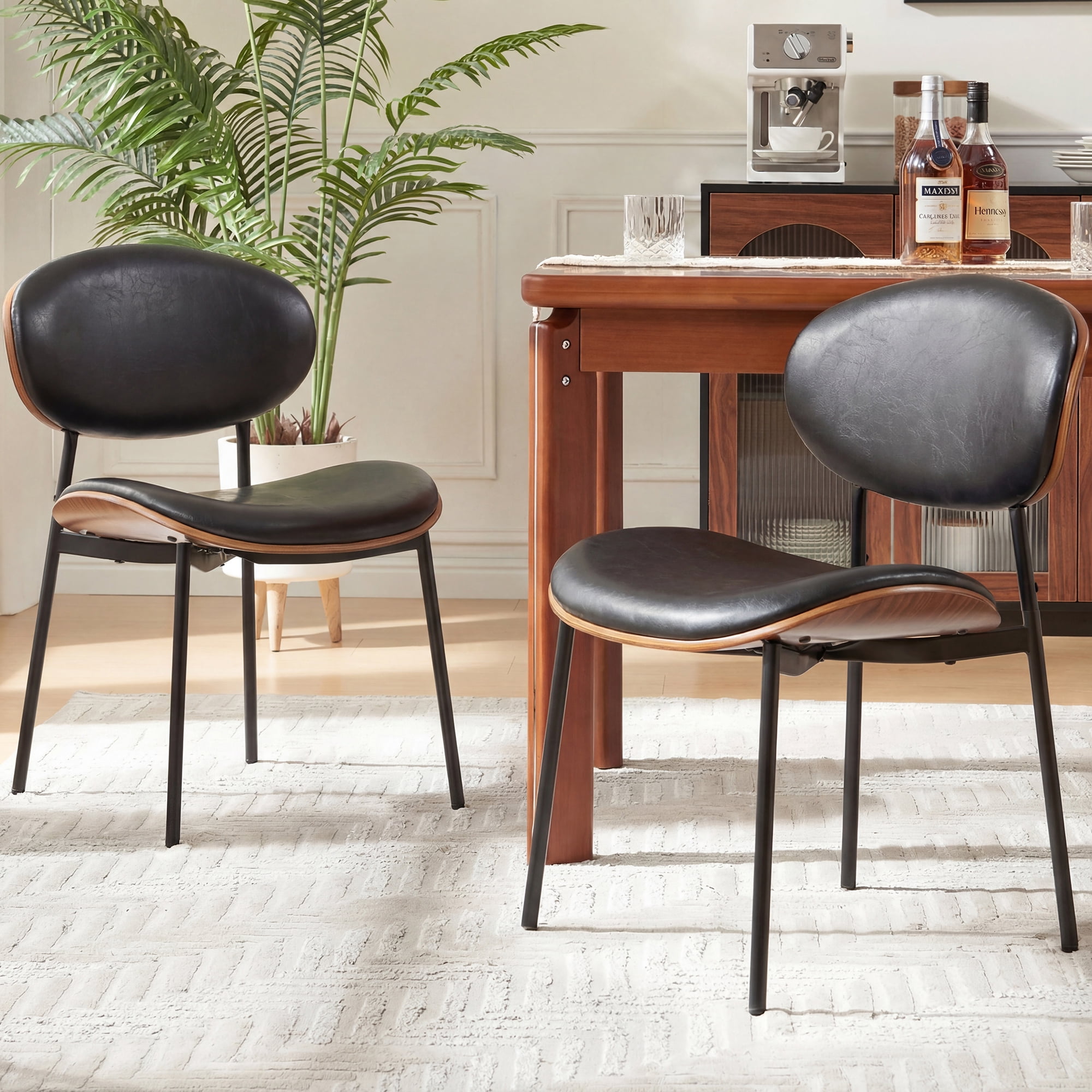 Sailvan Black Dining Chairs Set of 2, Mid Century Leather Dining Chairs For Kitchen, Modern Living Room Chairs With Adjustable Feetpads, Easy Assembly, 300LBS
