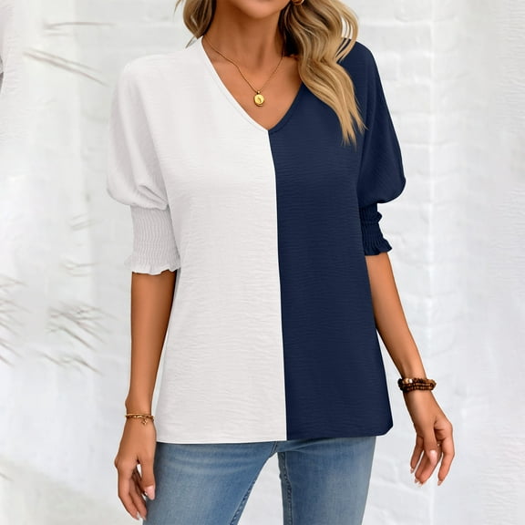 KIHOUT Tops for Women's V-Neck Loose Casual Tie Sleeve Color Blocking Top Discount