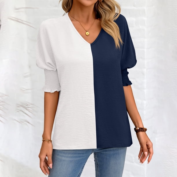 Fiudx Camisas de Mujer Top de Bloques de Color con Cuello En V, Informal, Suelto, con Mangas Anudadas para Mujer