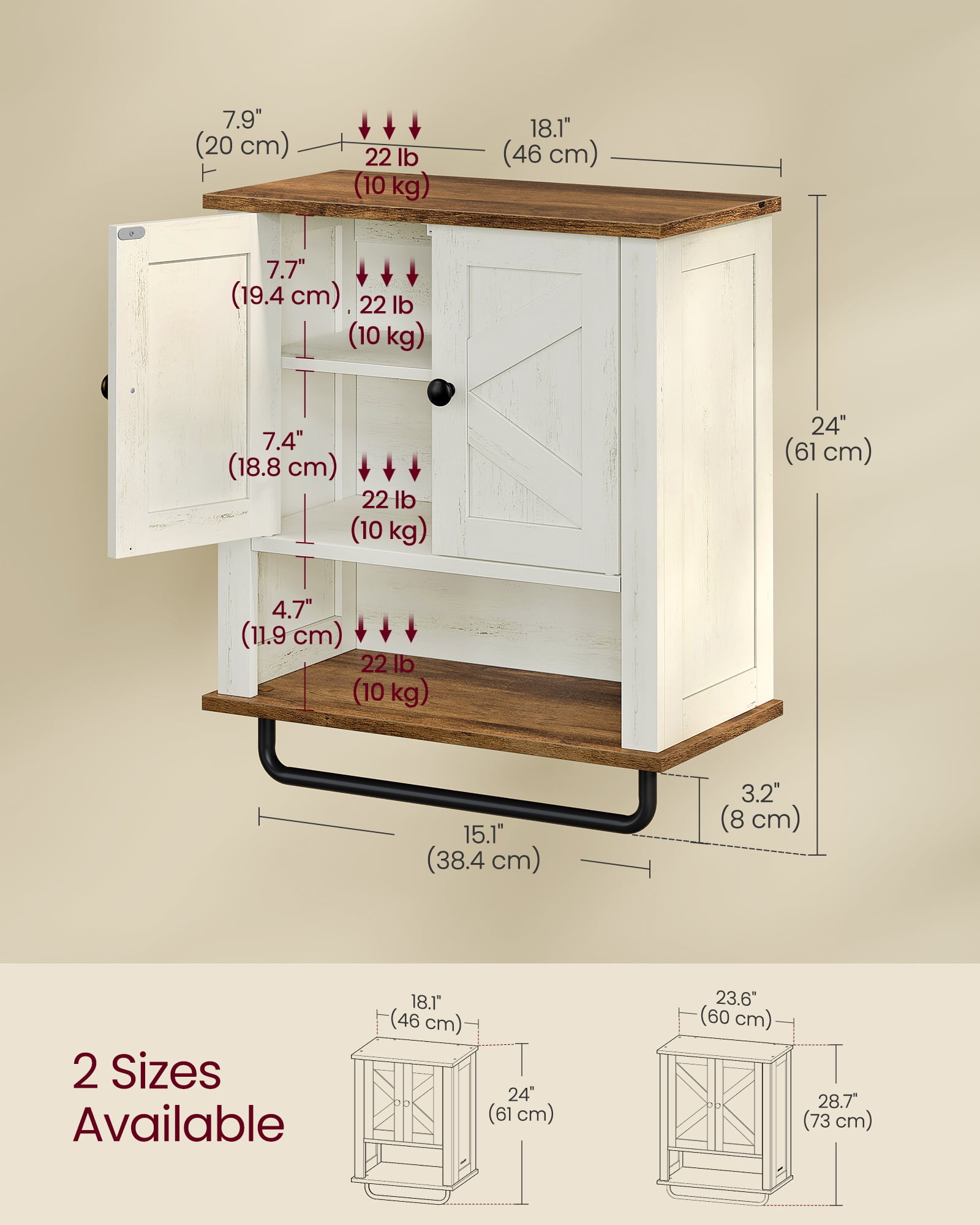 VASAGLE LIRY Collection - Bathroom Wall Cabinet, Farmhouse Wall-Mounted Medicine Storage Cabinet with 2 Barn Doors, Adjustable Shelf, Towel Bar, 7.9 x 18.1 x 24 Inches, Rustic White