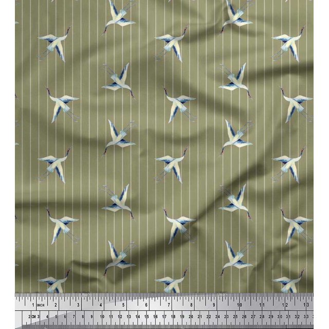 Soimoi Rayon Fabric Stripe & Stork Bird Print Fabric by the Yard 56 Inch Wide