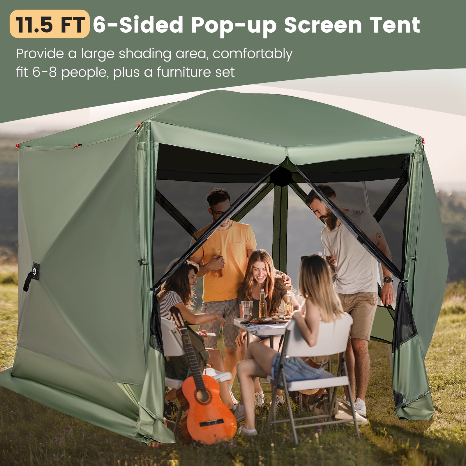 Costway 11.5 X 11.5 FT 6-Sided Pop-up Screen House Tent With 2 Wind Panels for Camping Green
