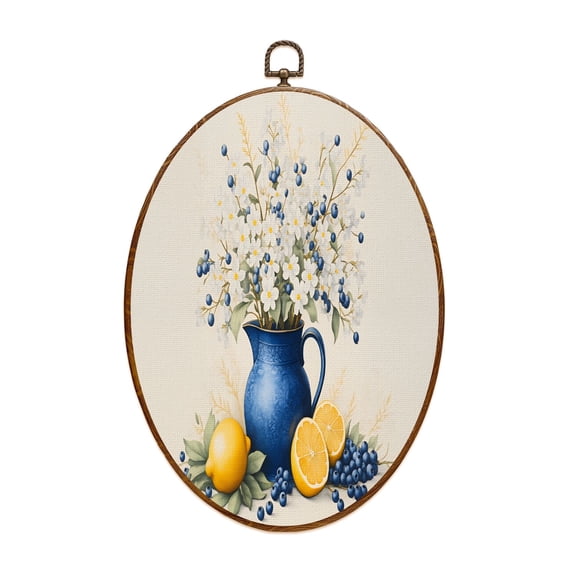 Canvas Wall Art Blue Floral Pitcher Lemons Oval Framed Canvas Prints Vintage Wall Hanging Decor for Home Decorations Gifts for Mom Nana Women 8.6"x11.4"