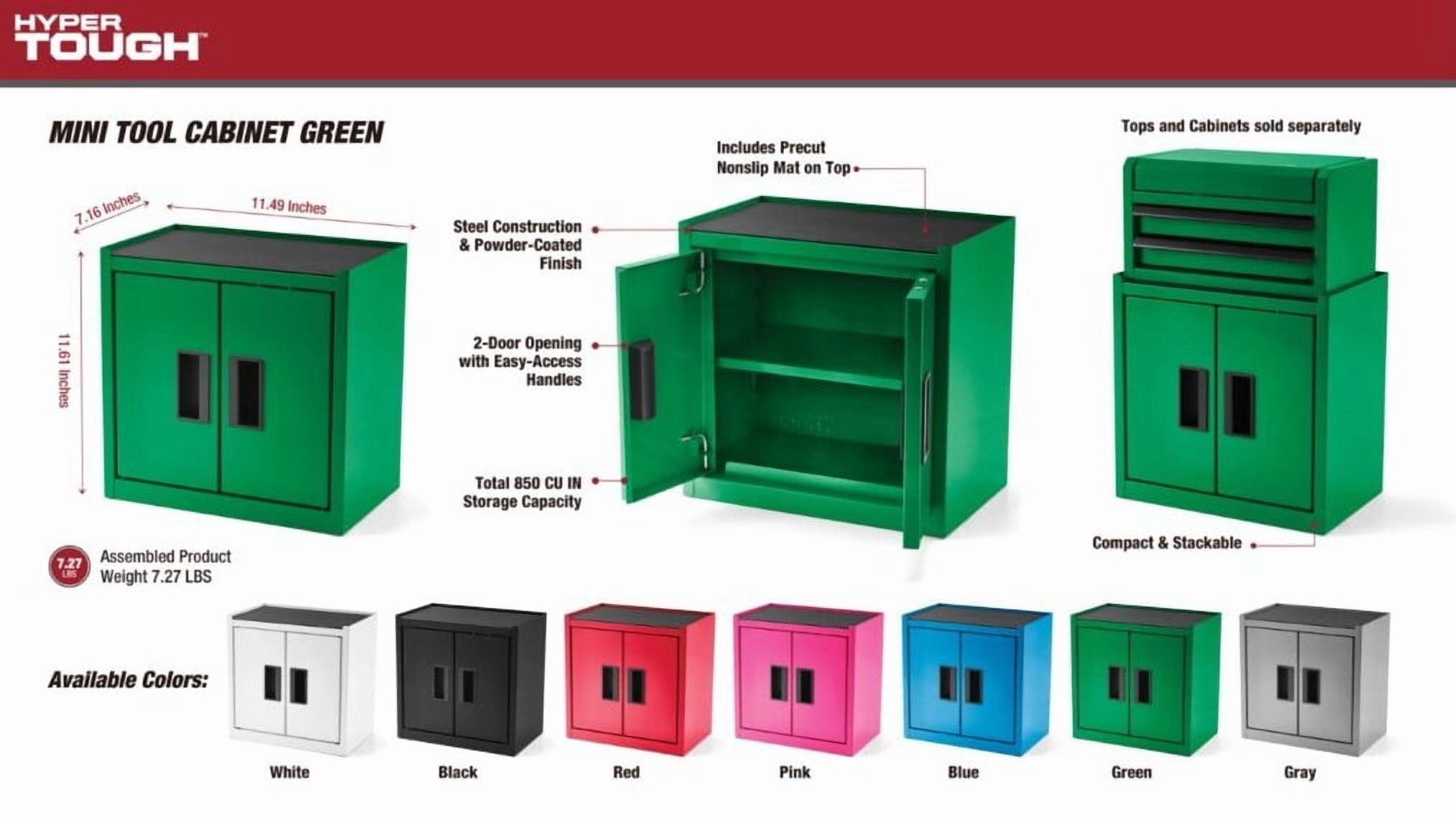 Hyper Tough Mini Tool Cabinet, 11.6-inch Steel Storage, WC Green, Double Doors, Non-Slip Top Mat