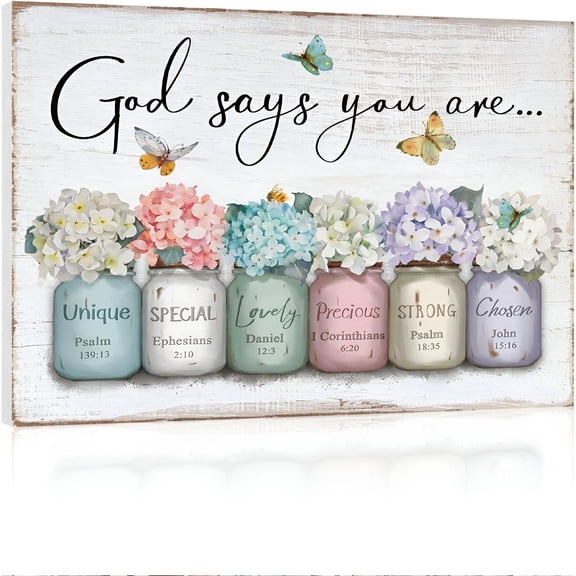 CCOCC Inspirational Bible Verse Wall Art: God Says You Are Wall Sayings Flowers in Mason Jar Picture Print Christian Gift Quotes Poster for Women Girl Bedroom Decor 12" x 15"