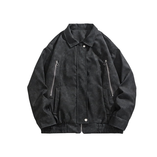 LOVZFMLL Jackets for Men Solid Color Pocket Zipper Snap Button Flip Collar Leatherwear Leather Clothing