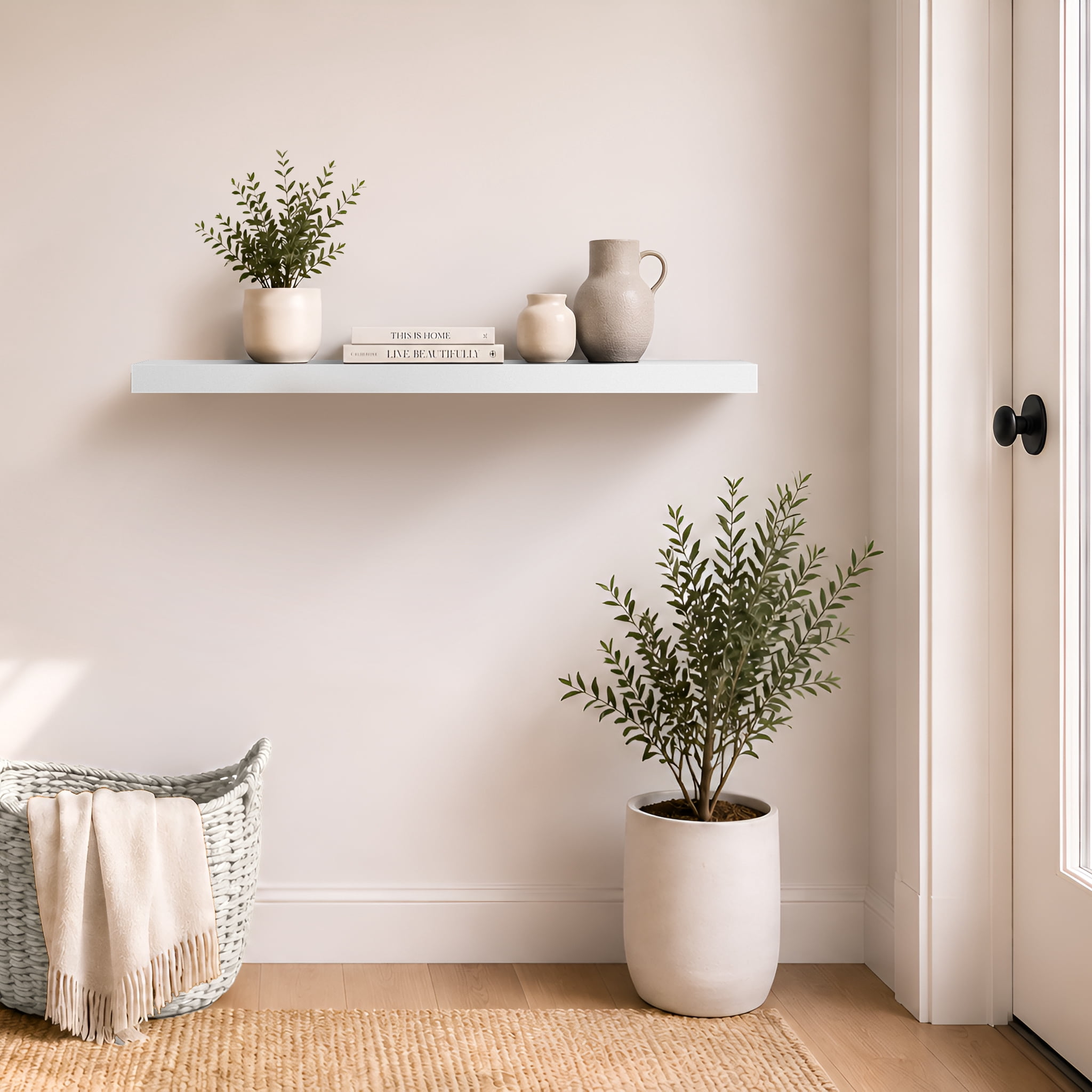 Sorbus 47" Floating Wall Shelf, White, Invisible Brackets, Bathroom, Bedroom & Home Decor