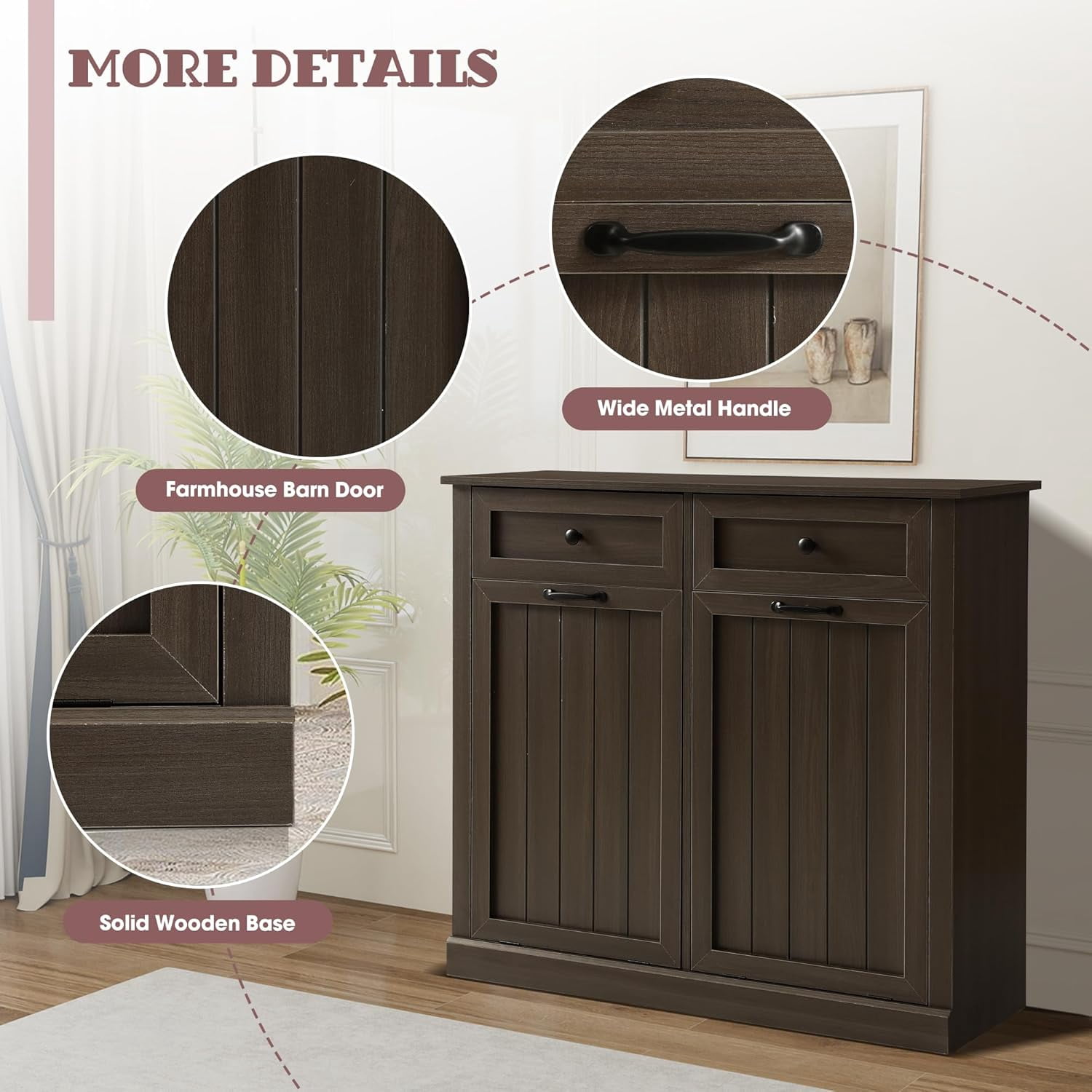 Haverchair Double Tilt Out Laundry Hamper Cabinet, Modern Farmhouse Trash Can Cabinet w/2 Drawers, Wooden 20 Gallon Hidden Garbage Cabinets with 2 Laundry Storage Baskets for Kitchen and Bathroom
