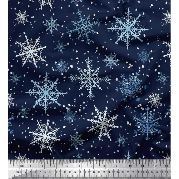 Soimoi Blue Rayon Fabric Snow Flakes & Star Printed Fabric 1 Yard 56 Inch Wide