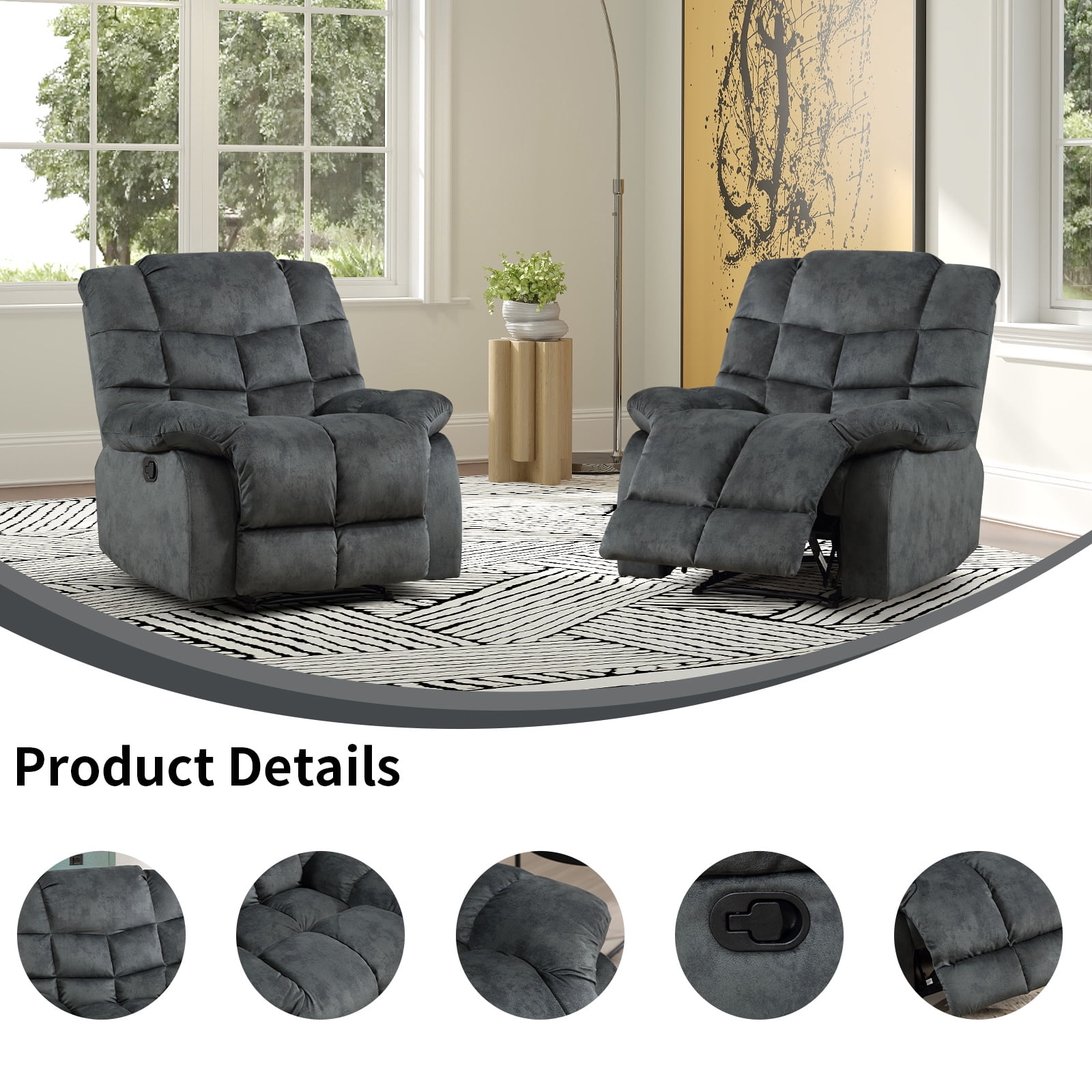 Bonzy Home Recliner Chairs Set of 2 for Living Room Manual Reclining Chair Single Sofa for Bedroom, Gray